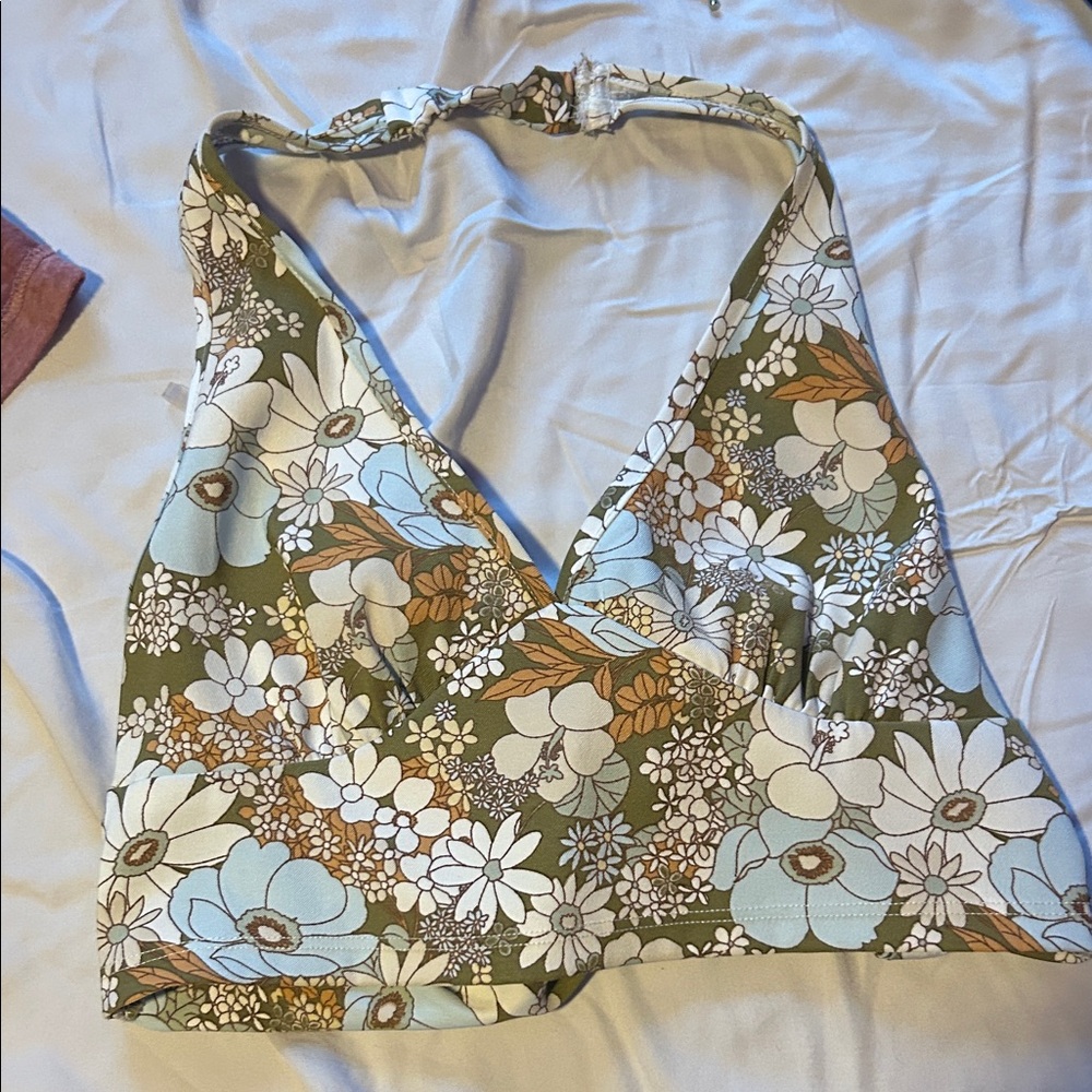 Altar'd State Floral Halter Crop Top - Green and White